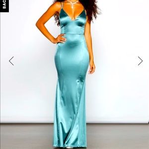 HEIDI FORMAL SATIN LATTICE DRESS.